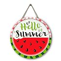 Hello Summer Watermelon Door Sign Summer Welcome Sign for Front Door Red Green Buffalo Plaid Wooden Door Hanger Outdoor Porch Decor Seasonal Farmhouse Hanging DecorationS 12 Inch