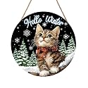 Hello Winter Cat Front Door Sign Winter Kitty Kitten Pine Tree Round Wood Sign 12x12in Winter Decorations Cat door hanger Christmas Winter Wreath Wall Hanging Welcome Sign for Outdoor Outside Porch