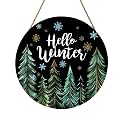 Hello Winter Welcome Sign for Front Door Winter Wreaths Winter Pine Trees Wood Door Hanger for Outdoor Outside Porch Christmas Snowflakes Round Hanging Sign for Home Porch Wall Decoration 12in