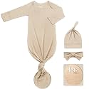 Hello World Newborn Outfit Knotted Gown 0-3 Months, Baby Girl Boy Coming Home Sleeper with Sign