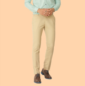 hem and stitch men slim fit beige cotton blend trousers