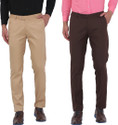 Hem and Stitch Pack of 2 Men Slim Fit Beige, Brown Viscose Rayon Trousers