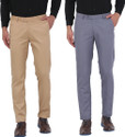 Hem and Stitch Pack of 2 Men Slim Fit Beige, Grey Viscose Rayon Trousers