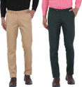Hem and Stitch Pack of 2 Men Slim Fit Beige, Green Viscose Rayon Trousers