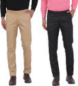 Hem and Stitch Pack of 2 Men Slim Fit Beige, Black Viscose Rayon Trousers