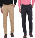 Hem and Stitch Pack of 2 Men Slim Fit Beige, Blue Viscose Rayon Trousers
