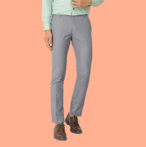 hem and stitch men slim fit grey cotton blend trousers