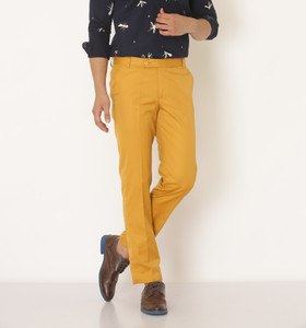 hem and stitch men slim fit yellow viscose rayon trousers