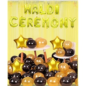 hemito gold haldi ceremony foil balloon with gold staramp backdrop curtain combohaldi ceremony decorations item for groomhaldi ceremony balloons for weddingcabana tent decoration combo pack of 40
