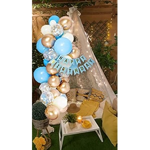 hemito 52 pc cabana tent birthday decoration set  blue white silver balloon with white net for cabana theme party with led lights with blue banner romantic dinner decorations for boys
