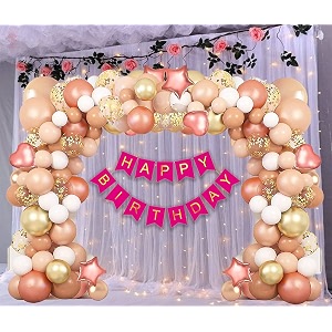 hemito happy birthday decorations for girls -62 pcs rose gold happy birthday decoration items kit- curtain net light metallic balloons banner  glue dot arch birthday decoration kit items