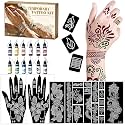 Henna Temporary Tattoo Stencil Kit, 12 Bottles of Tattoo Ink and 19 Sheets Tattoo Templates Stencils, Face Body Art Painting for Women Men Adults Festivals DIY Wedding Party