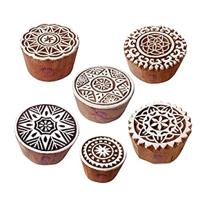 henna wooden stamps decorative round floral pattern printing blocks set of 6