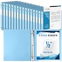 Henoyso 16 Pack 1/2 Inch 3 Ring Binder with Clear Cover Fit Letter Size 8.5" x 11" Paper Holds 140 Sheets, Bulk Binders for Organizing School, Office &amp; Classroom Documents, 1 Pocket (Light Blue)