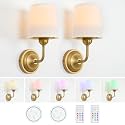 HEQIQEH Vintage Gooseneck Battery Operated Wall Sconce Light Fixture Set of 2 with Remote Control, Flared Funnel White Fabric Shade Dimmable Nightstand Lamps for Bedside Bedroom Living Room（antique-2）