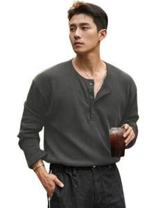 HeraDawn Striped Men Henley Neck Grey T-Shirt