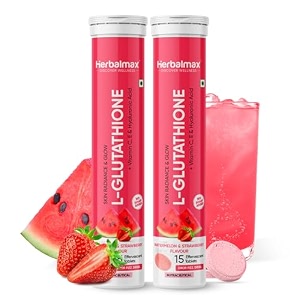 herbal max glutathione effervescent tablets  600mg  pack of 2 30 tabs  with vitamin c e hyaluronic acid amp biotin  skin glow antioxidant amp hairnail health  watermelon amp strawberry flavour