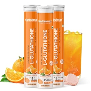 herbal max l- glutathione effervescent tablets  45n  with vitamin c and e hyaluronic acid amp biotin  for skin glow hair amp nail health hydration amp antioxidant support  pack of 3 orange flavour