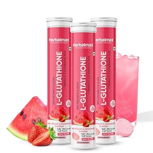 herbal max glutathione 600mg effervescent tablets  pack of 3 45 tabs  with vitamin c amp e biotin amp hyaluronic acid  skin brightening antioxidant detox amp glow  watermelon amp strawberry flavour