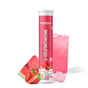 herbal max glutathione effervescent tablets  600mg 15 tabs  with vitamin c e hyaluronic acid amp biotin  skin glow antioxidant amp hair-nail health  watermelon amp strawberry flavour