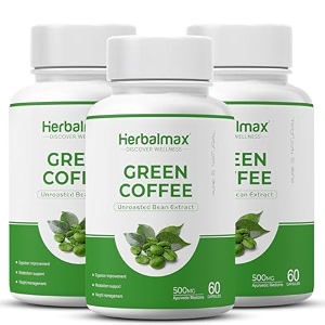 herbalmax green coffee beans extract capsules with green tea ginger amp piperine  pure amp natural antioxidants for improved metabolism  pack of 3 60 capsules each