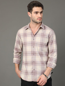 HERENOW Men Checkered Casual Beige Shirt