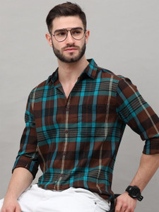 HERENOW Men Checkered Casual Blue Shirt