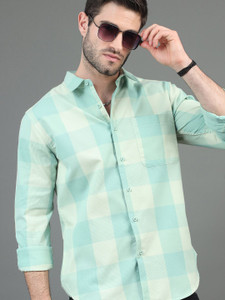 HERENOW Men Checkered Casual Blue Shirt