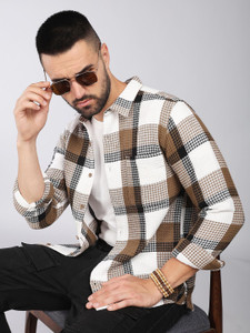 HERENOW Men Checkered Casual Brown Shirt