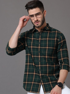 HERENOW Men Checkered Casual Green Shirt