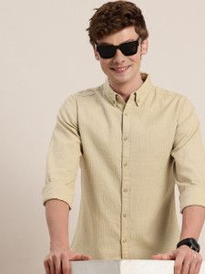 HERENOW Men Self Design Casual Beige Shirt