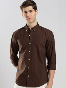 HERENOW Men Solid Casual Brown Shirt