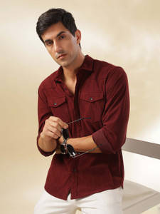 HERENOW Men Solid Casual Maroon Shirt