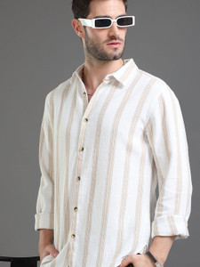 HERENOW Men Striped Casual Cream Shirt