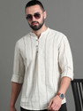 HERENOW Men Striped Casual Cream Shirt