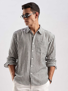 HERENOW Men Striped Casual Grey Shirt