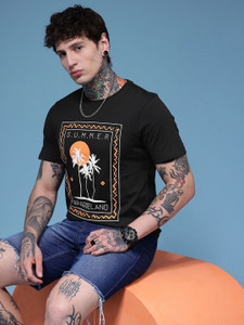 HERENOW Printed Men Round Neck Black T-Shirt