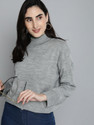 HERE&NOW Women Self Design Turtle Neck Grey Sweater