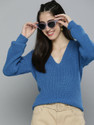 HERE&NOW Women Self Design V Neck Blue Sweater