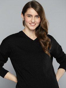 herenow women solid v neck black sweater