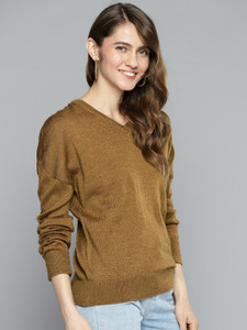 herenow women solid v neck brown sweater