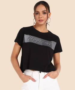 herway graphic print women round neck black t-shirt
