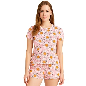 hestia  cotton night suit for women  night wear dress set with shorts and t-shirt  breathable fabric  shrink free material  all over sunflower  pink  m  set 1