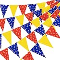 HESTYA 5 Pcs 49 Ft Pizza Party Banner, Blue Red Yellow Triangle Flags