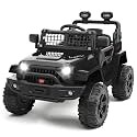 Hetoy 12V Ride on Toys with Parent Remote Control Toddler Electric Vehicle with Spring Suspension, LED Lights, Bluetooth, Music Player, 3 Speeds Ride on Car Truck for Kids Age 3-8 (Black)