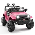 Hetoy 12V Ride on Toys with Parent Remote Control Toddler Electric Vehicle with Spring Suspension, LED Lights, Bluetooth, Music Player, 3 Speeds Ride on Car Truck for Kids Age 3-8 (Pink)