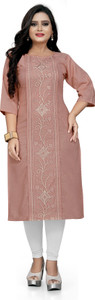 hetsa embroidered cotton blend straight kurta for women beige