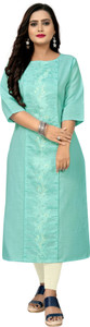 hetsa embroidered cotton blend straight kurta for women light blue