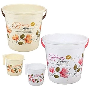 hevea plastic bathroom bucket 20 liters amp mug1l with new flower printed set of 2 pink and brown