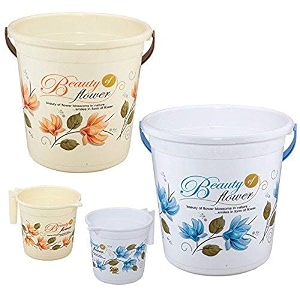 hevea plastic bathroom bucket 20 liters amp mug1l with new flower printed set of 2 blue and brown
